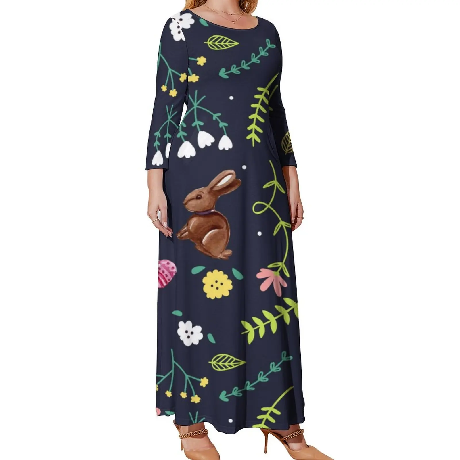 

Easter Dress Cute Bunny With Flowers Printed Boho Beach Dresses Long-Sleeve Aesthetic Long Maxi Dress Vintage Oversized Vestido