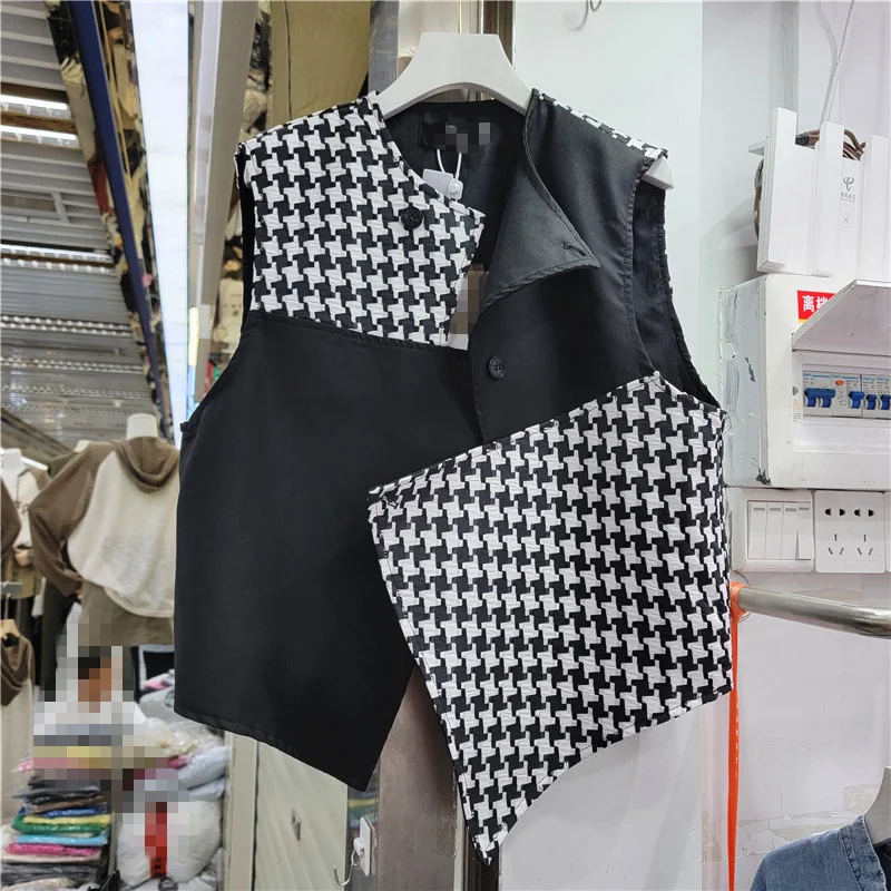 

Уличная одежда, универсальные Топы контрастных цветов, Асимметричная Лоскутная Верхняя одежда, жилет с круглым вырезом на пуговицах, Женск...