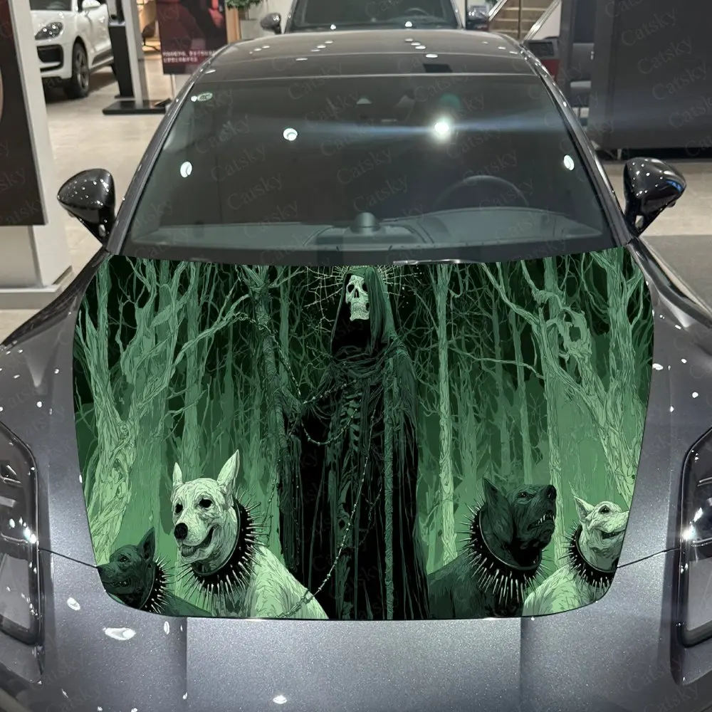 Фото Eerie Forest Green Reaper & Hounds наклейки на капот автомобиля, автомобильные наклейки с декоративным рисунком, самоклеящаяся устойчивая к царапинам палочка для автомобиля №4
