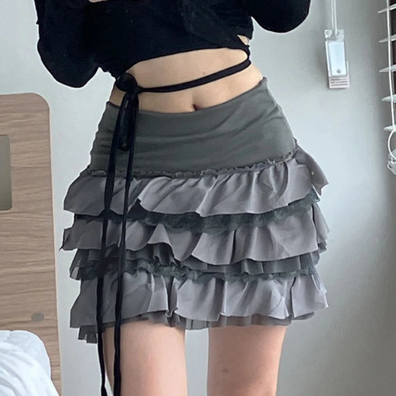

Korean Grunge Kawaii Lace Trim Pleated Skirt 90s Vintage High Waist Layered Ruffle Mini Skirt Y2K Harajuku Mall Goth Streetwear