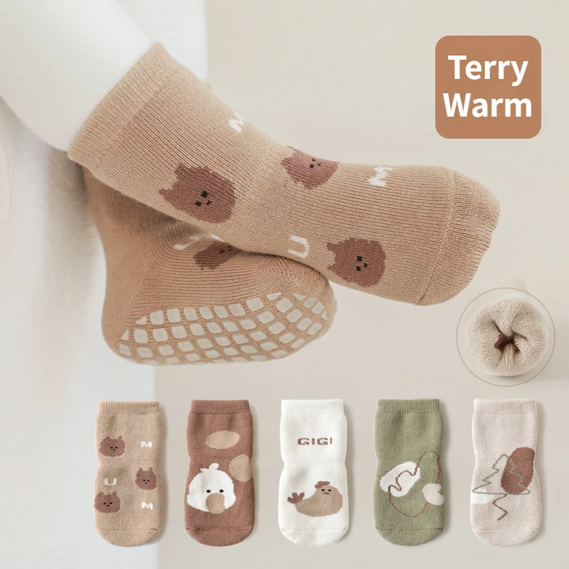 

Baby Socks Terry Thickening Babies Warm Medium Floor Sock Non-slip Cartoon Bear Duck Cotton Print Newborn Toddler Accessories