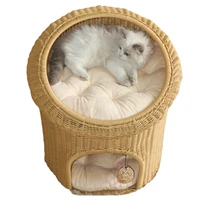 handmade pp rattan double pet bed closed general knitting cat bed woven rattan removable and washed pet nest with soft cushion