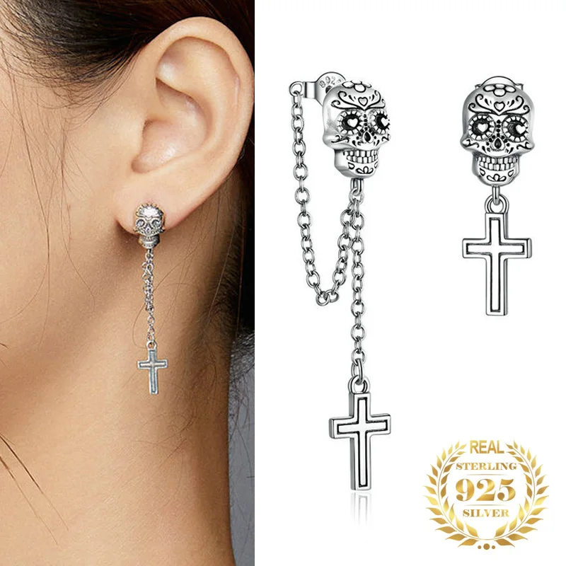

Halloween Jewelry 925 Sterling Silver Skull Cross Earrings For Women Tassel Asymmetric Drop Earrings Stud 2022