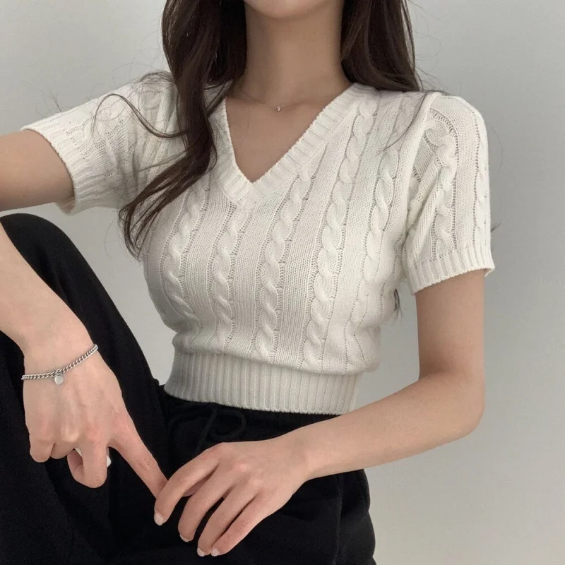 

Korean style simple short short sleeve knitted T-shirt top women