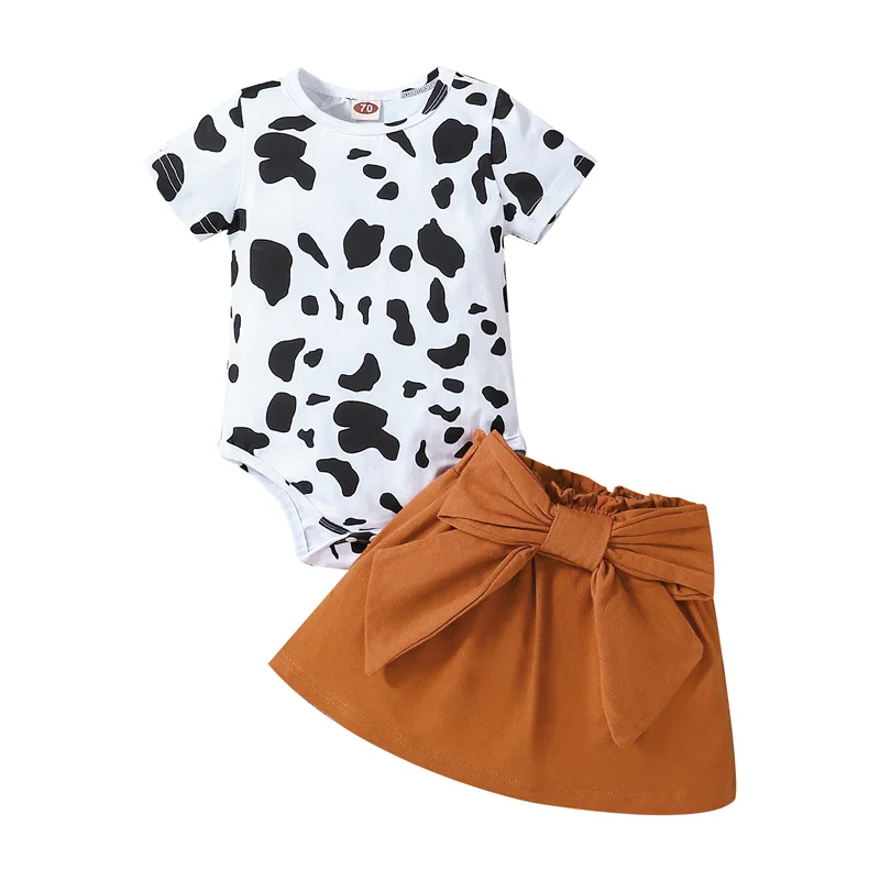 

Newborn Kids Casual Trend Outfits Cow Pattern Short Sleeve Romper Elastic Waist Bow Skirts Baby Girls Summer Clothing Sets