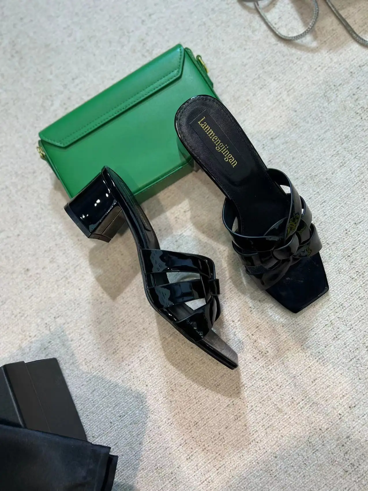 Fashion square head high heel full leather slippers, cowhide upper, sheepskin lining, comfortable women's shoes, summer sandals