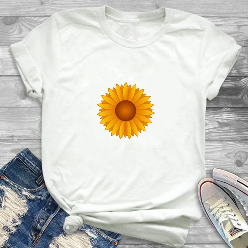 Популярная женская футболка с подсолнухом и короткими рукавами белый базовый