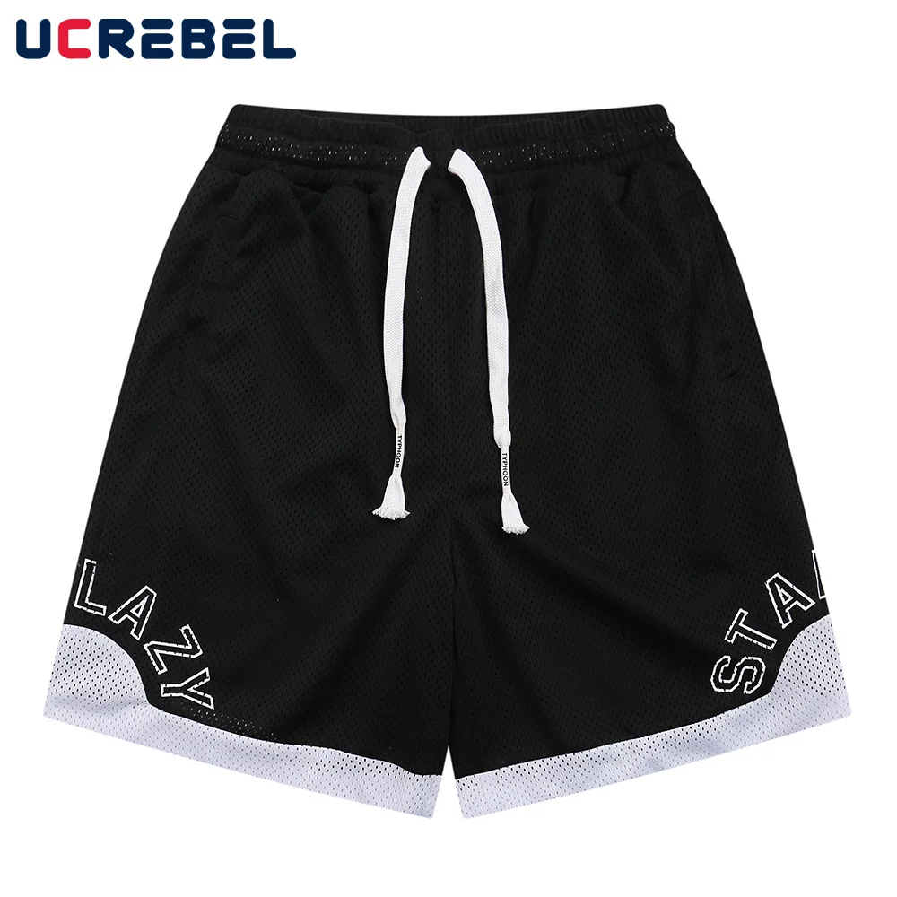 

Letter Print Casual Shorts Mens Summer Patchwork Loose Half Pants Drawstring Elastic Waist Breathable Mesh Bermuda Shorts Men