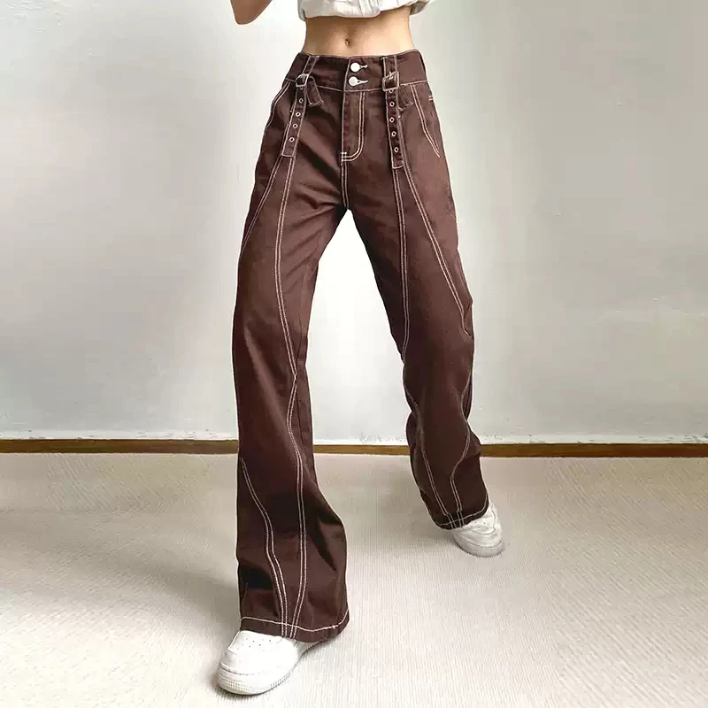 American Retro Brown Jeans Woman High Waist Y2k Flare Denim Trousers Korean Fashion Straight Pants Streetwear Personalized Jeans