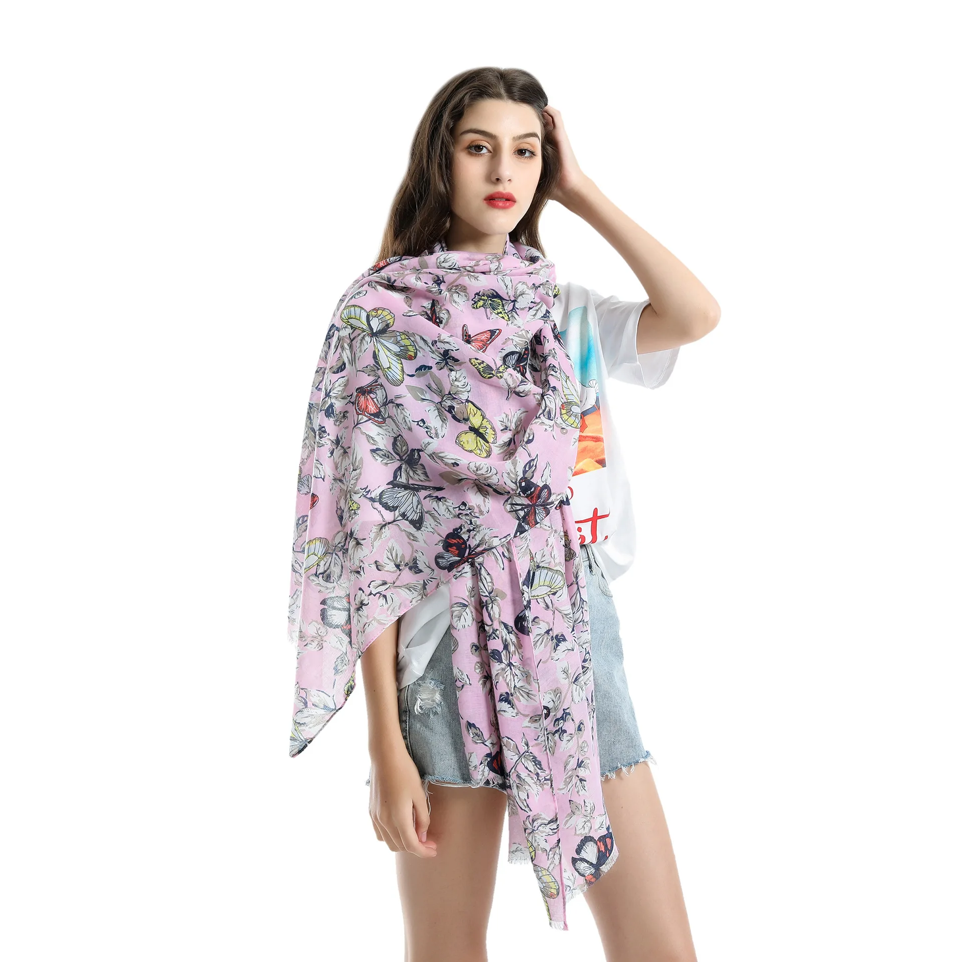 

Retro Style Colorful Butterfly Small Floral Print Cotton Hemp Scarf Beach Sunscreen Shawl Female