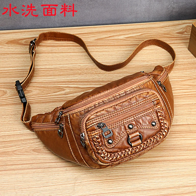 

Women's bag new washed fabric soft leather texture waist bag fashion solid color trend messenger bag large capacity