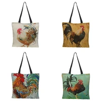 rooster printing resuable shoulder bags for women summer harajuku high quality linen tote bag oil painting rooster shoper bag