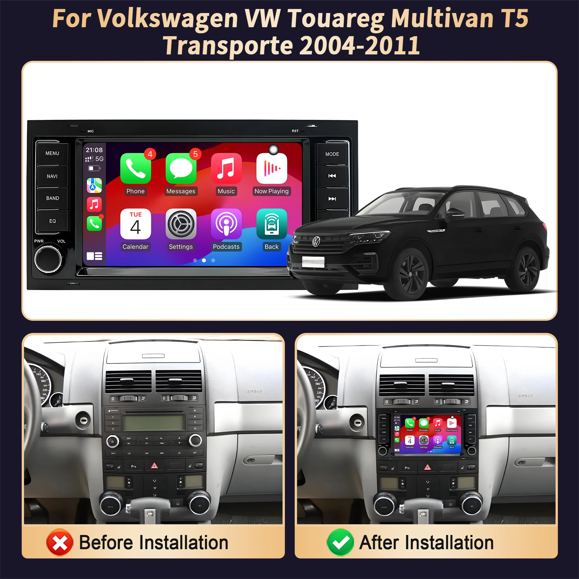 Фото 7-дюймовый автомобильный радиоприемник для Volkswagen VW Touareg Multivan T5 Transporte 2004-2009 2010 2011, беспроводной BT CarPlay, головное устройство с сенсорным экраном №2