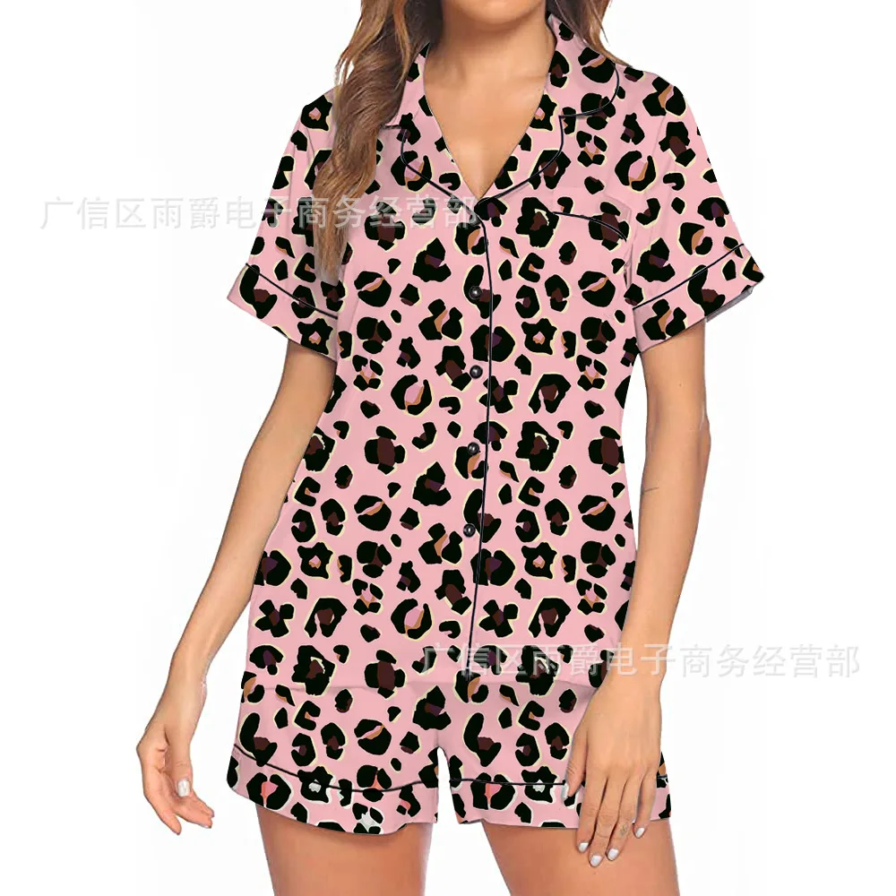 

Women's 2pcs Pajama Shorts Silk Pajamas Sets Summer Printed Sexy Leopard Laple Short Sleeve Tops Nightwear Lounge Wear Women Pjs