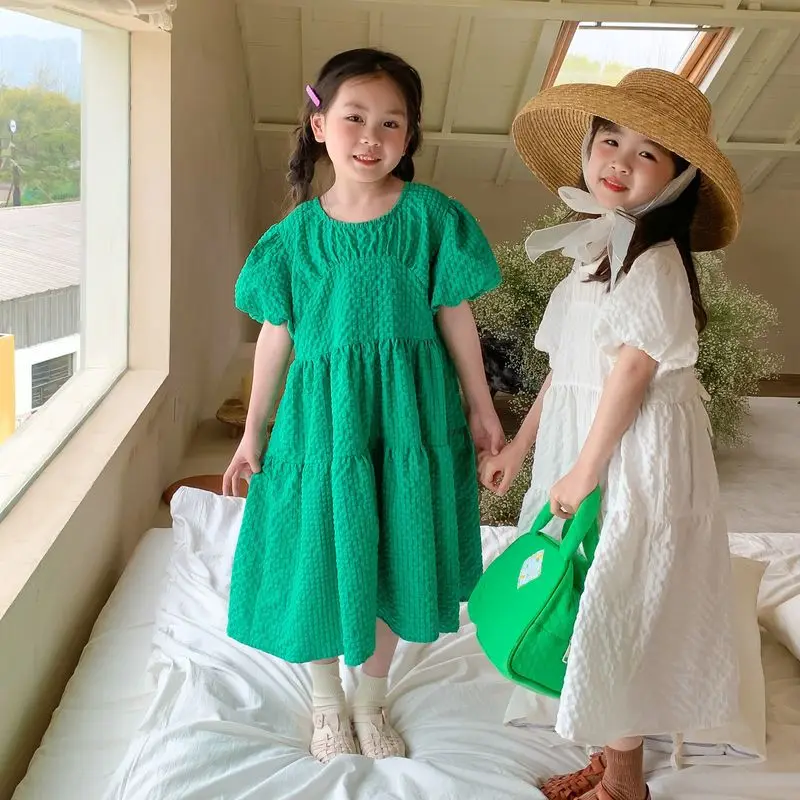 

Girls' travel leisure short sleeved dress summer new girls' solid color back lace up dress children's loose Sweet Princess Dress