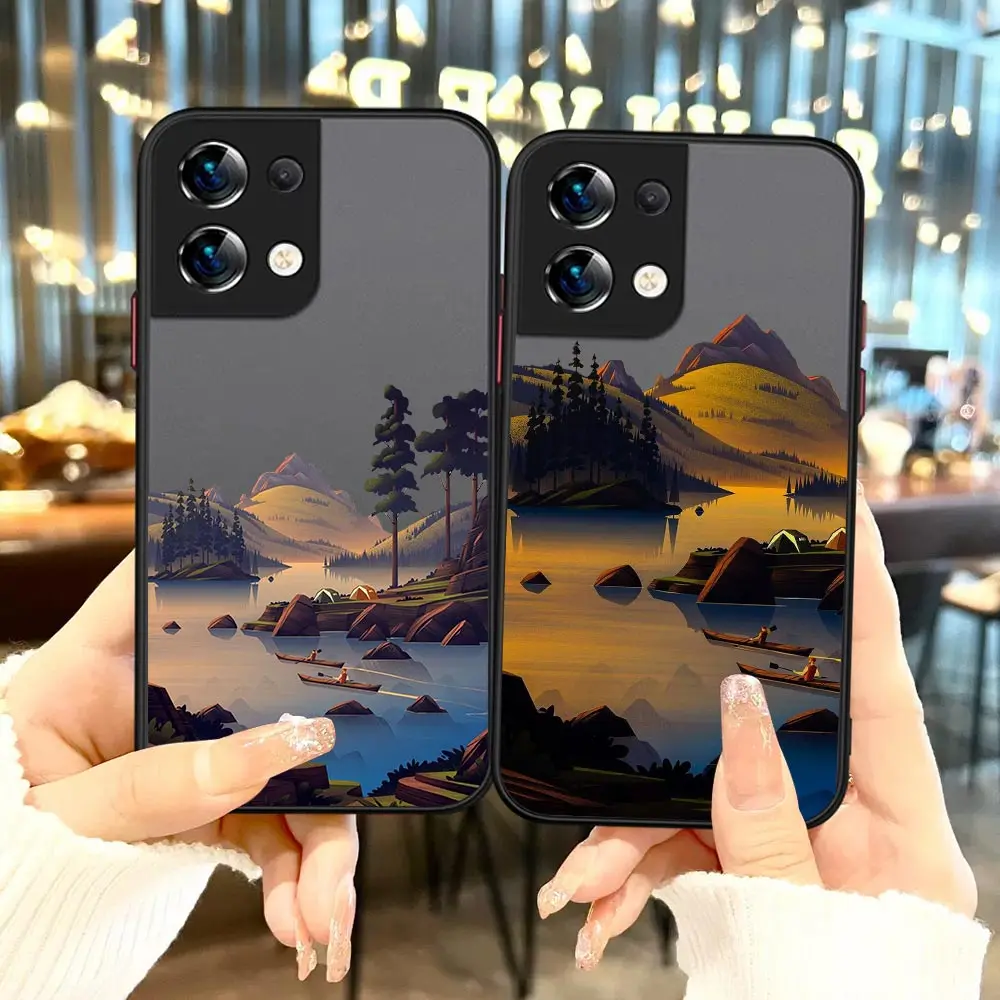 

Lovely Hand Painted Spring Scenery Pattern Matte Case For OPPO Reno 8 7 7Z 6Z 6 5 4 4SE 3 2 2F 2 Z Pro Plus 5G 4G Cover Funda