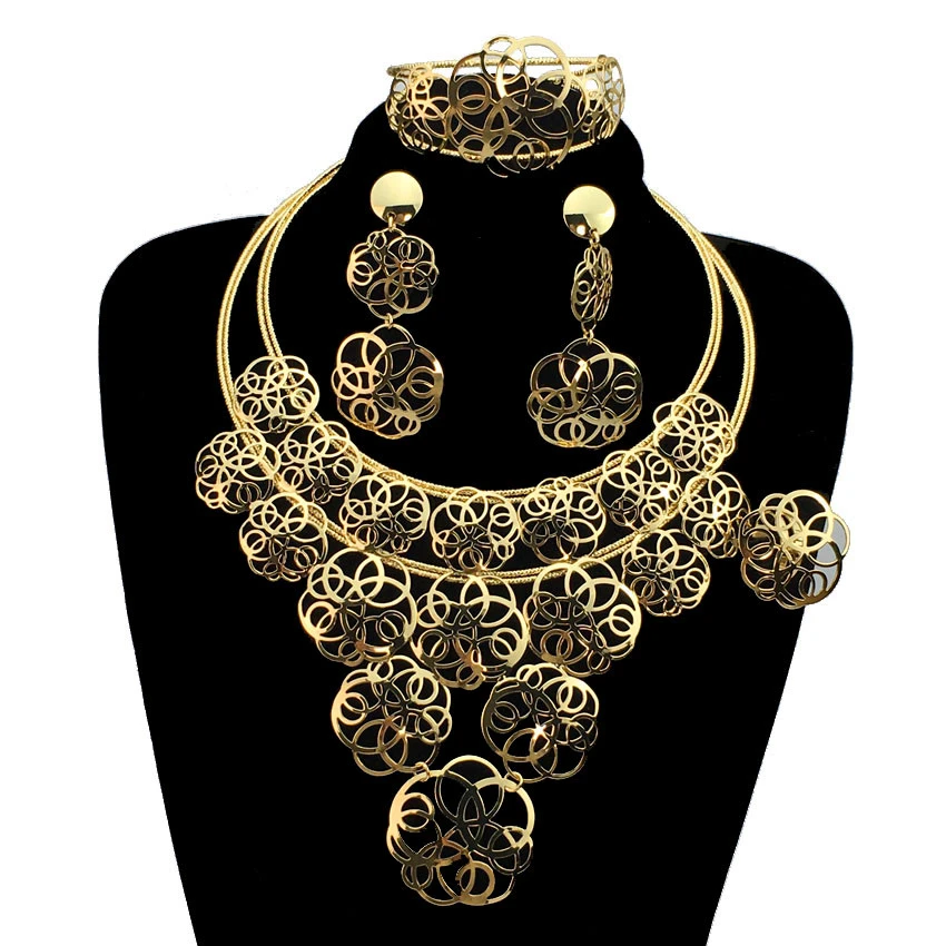 

Latest Brazilian Gold Ladies Necklace Jewelry Set Big Simple Style Gold Original Ring Bracelet Earrings African Jewelry FHK12989