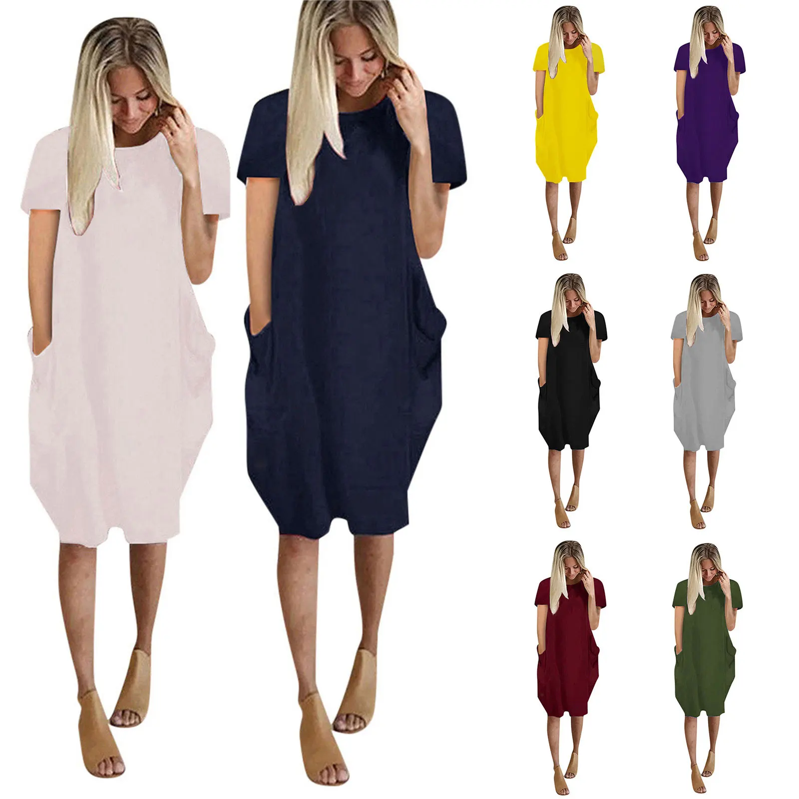 

Fashionable Ladies Round Collar Dress Women Summer Temperament Solid Color Short Sleeve Large Size Casual Pocket Middle Skirt