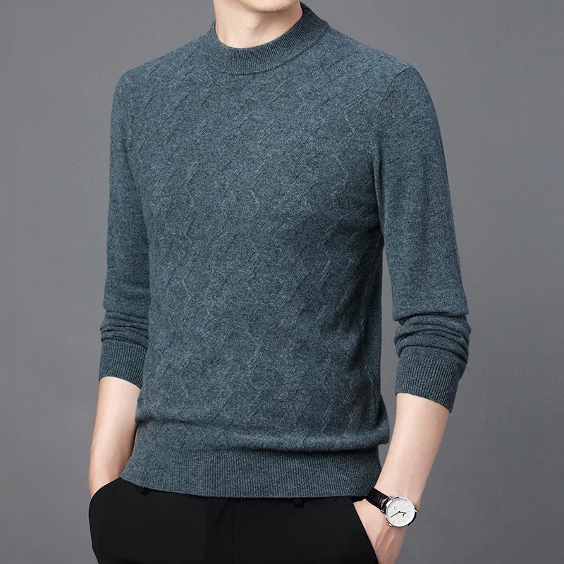 

and Winter Men's Young Middle-Aged Sweater Half Turtleneck Men's Knitwear Twisted Thickened Keep Warm Pure Color Woolen Sweater