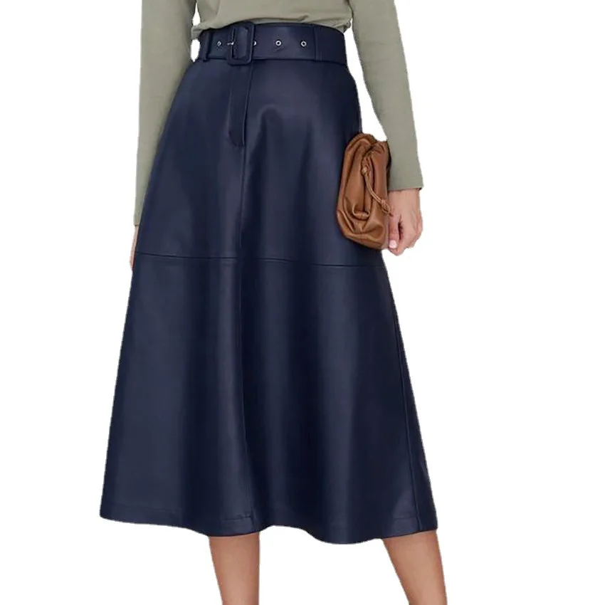 

2022 Autumn European and American Womens Long Skirt High Waist Casual Belt Leather Skirt French Retro Skirt Female Pleated Skirt