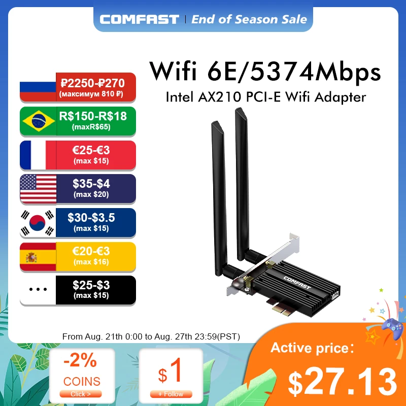 3000 Мбит/с трехдиапазонный беспроводной настольный PCIe Intel AX210 Pro карта 802.11ax 2,4G/5Ghz/6Ghz Bluetooth 5,2 PCI Express WiFi 6 E адаптер