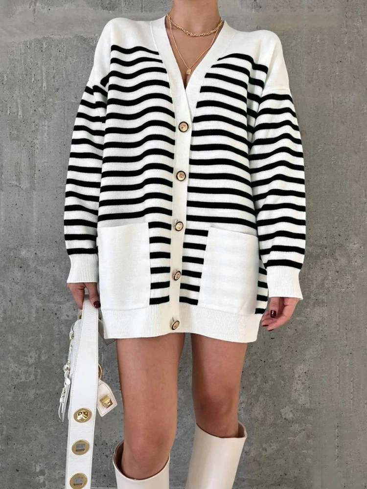 

Women Winter Cardigan Sweaters Autumn Winter Loose Long Sleeve Pockets Vintage Striped Knit Single Breasted Cardigans Coats