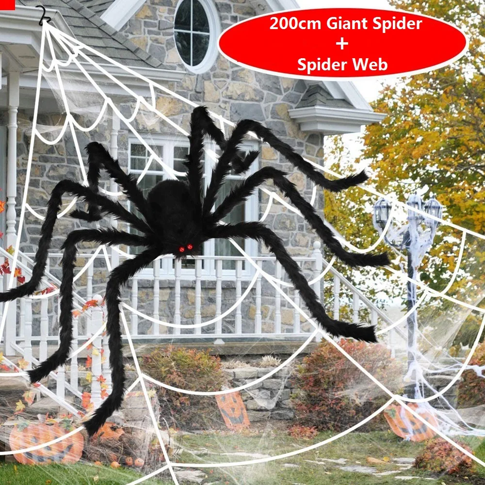 

150/200cm Black Scary Giant Spider with Huge Spider Web Halloween Decoration Props Haunted House Indoor Outdoor Giant Decoration