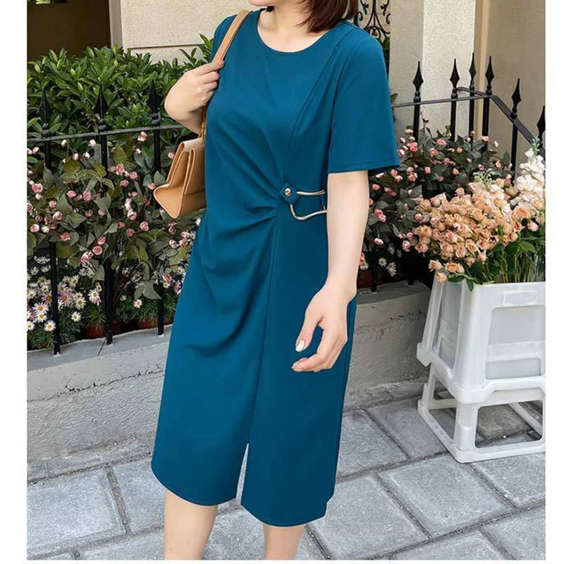 Casual O-Neck Blue Green Knitted Midi Dresses Women's Three-dimensional Decoration Pleated Short Sleeve Pullover Plus Size Dress