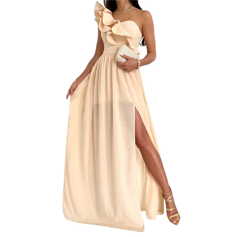 

Women Elegant Long Dress Solid Color One Shoulder Sleeveless Flounced Maxi Formal Evevning Party Dresses Summer Outfits 2022