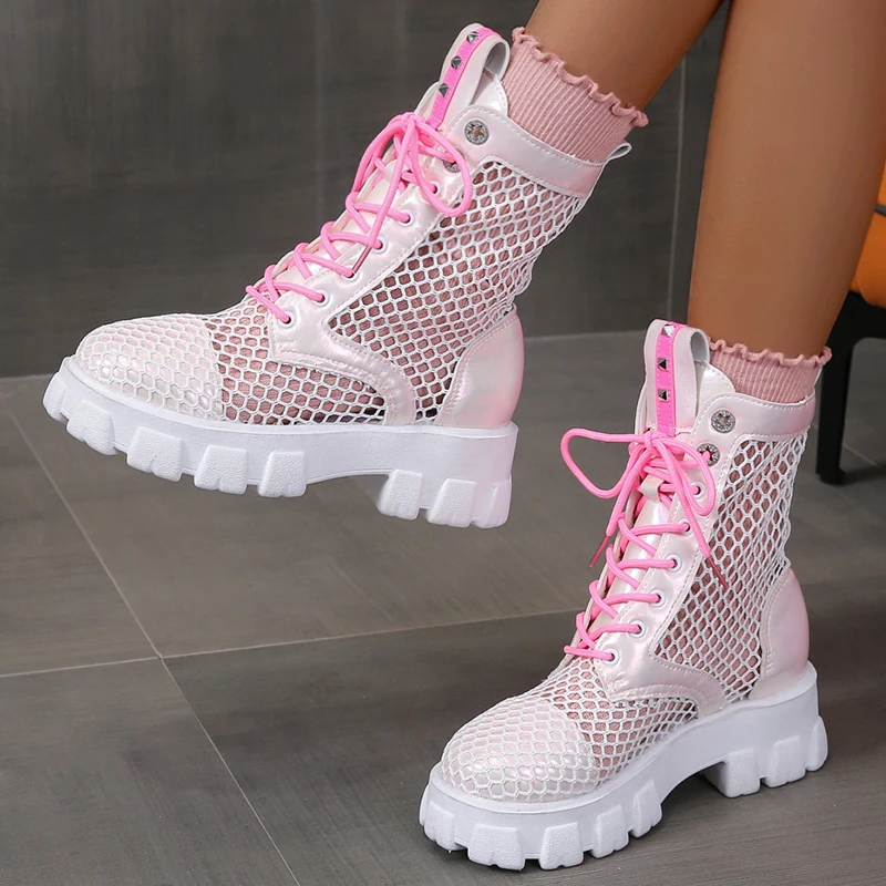 

Punk Hip Hop Ladies Square Toe Platform Shoes Cross Lace Up Women's Shoes Fishnet High Heels Cool Girls Shoes High Heels Women