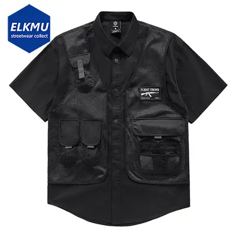 Рубашка Techwear, военный тактический сетчатый жилет, рубашки, Мужская Уличная одежда оверсайз, рубашка в стиле хип-хоп, черная блузка в стиле Ха...