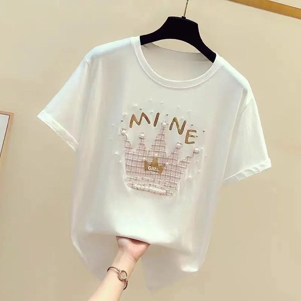 Korean Version Heavy Industry Beaded Short-sleeved Round Neck T-shirt Women's Loose All-match Blouse Slim Tops for Women images - 6