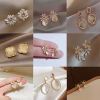 korean fashion opal zircon flower leaves stud earrings for women geometric rhinestone earrings girl party statement jewelry gift