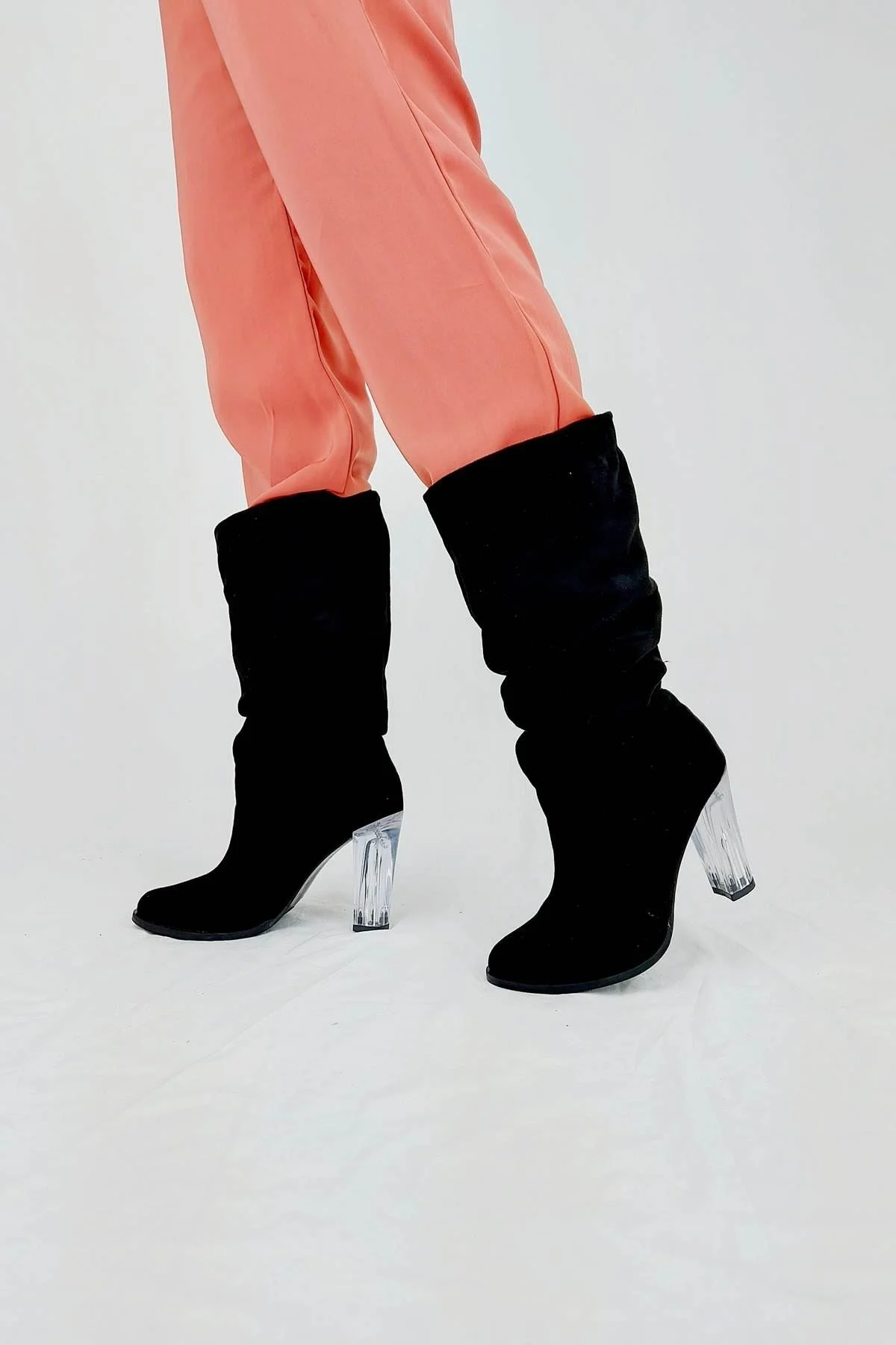 

Kalde Black Suede Transparent Heels Below-Knee Boots