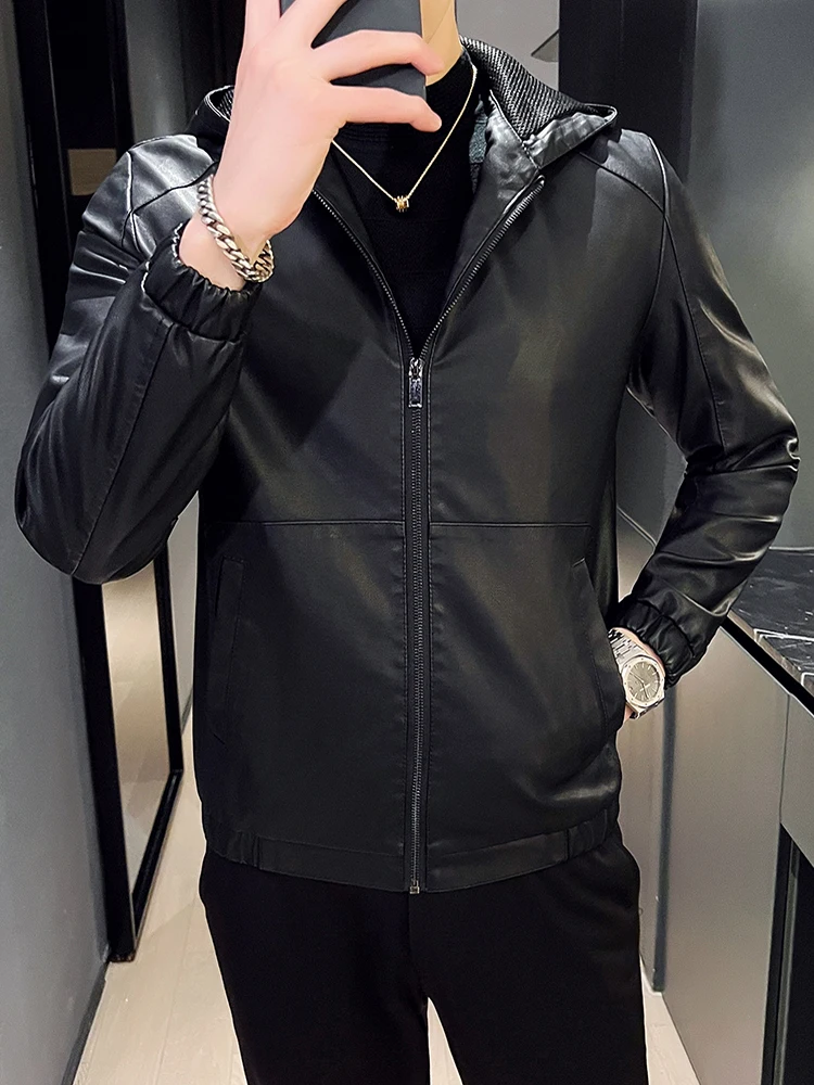 American Autumn New Hood Leather Men's Coat Hooded PU Jacket Casual All-matching Fleece-lined Motorcycle Clothing