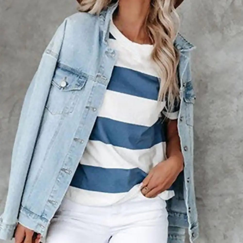 

Stylish Striped Print Casual Loose Ladies Top Tee Shirt Loose Elastic