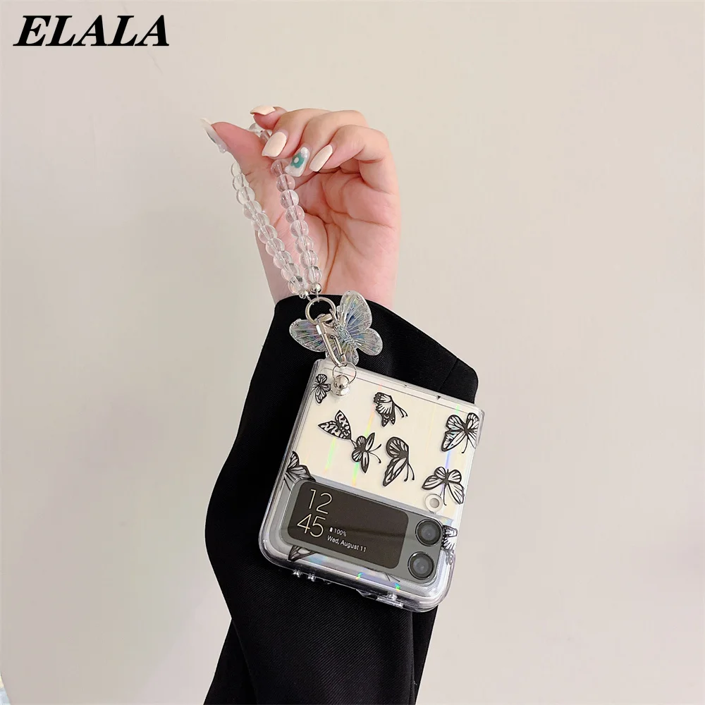 

Cute Laser Butterfly Case for Galaxy Z Flip 3 5G Slim Fit Back Cover for Galaxy Z Flip 2 1 Hard Phone Case with Bracelets Fundas