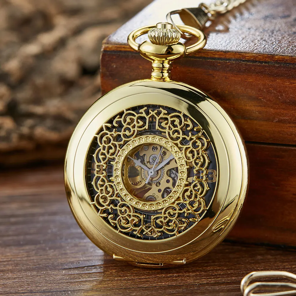 Black Hollow Flowers Smooth Mechanical Pocket Watch Men Skeleton Steampuk Hand Wind Pendant Clock Chain With Arabic Numerals