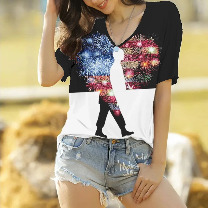 

Portrait Flag Women's T-shirt Summer V-neck Tees Retro Abstracted Printed Pullover Casual Short Sleeve Loose Clothes for Females