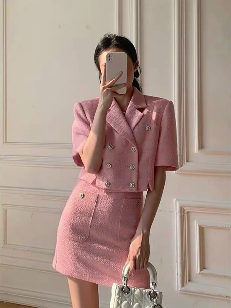 

Summer Small Fragrance Tweed 2 Two Piece Set For Women Korean Style Short Sleeve Jacket Crop Top + Sexy Bodycon Mini Skirt Suits