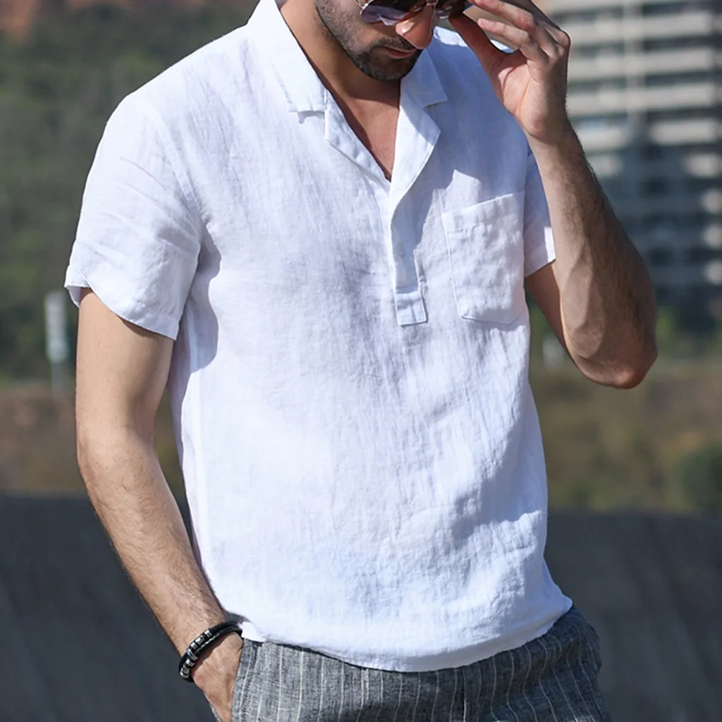 

Men's top casual linen shirt retro standing collar slim fitting cotton linen shirt