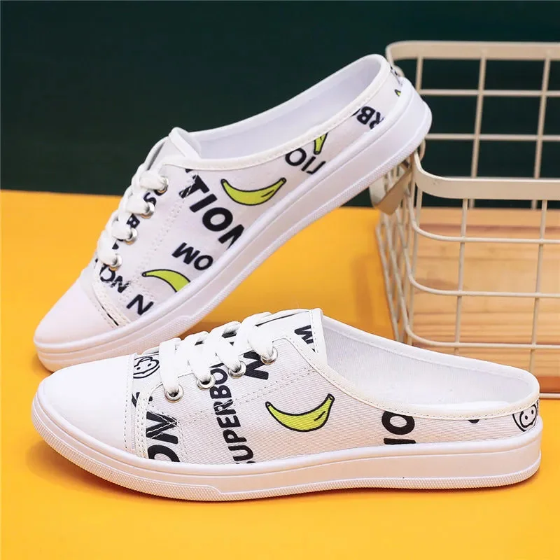 Женские холщовые туфли без шнуровки, милые повседневные школьные туфли с мультяшным принтом, модель H920