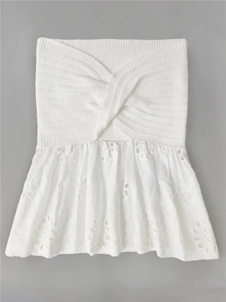 Белый топ-труба вязаный укороченный топ с завязками женский элегантный