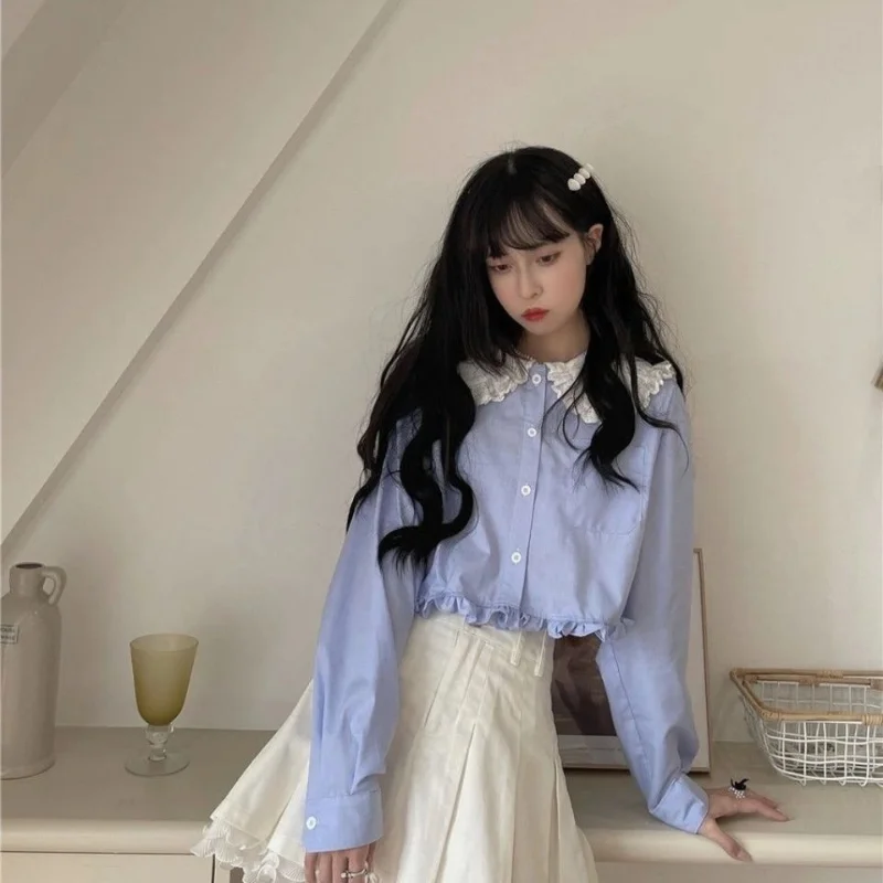 Белая рубашка HOUZHOU Kawaii Женская кружевная Лоскутная Блузка с оборками милые топы в