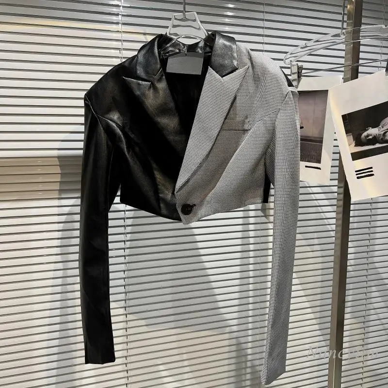 

2022 Spring New Elegant Coat Short Design PU Leather Stitching Houndstooth Contrast Color Small Coat Ladies Top
