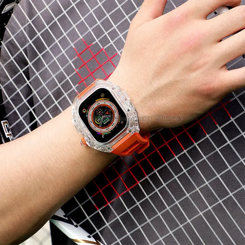 Luxury Transparent Case for Apple Watch Ultra 49mm Mod Kit Fluororubber Sport Strap for iwatch Series 8 7 6 5 4 SE 44mm 45mm