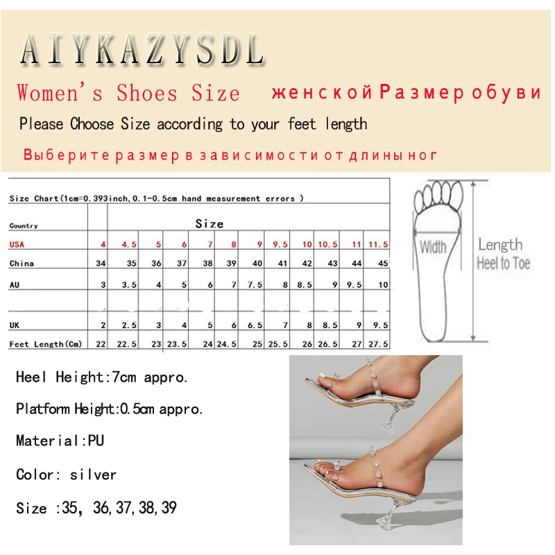 AIYKAZYSDL Women Crystal Rhinestone Sandals Clear Transparent Med Heel Slippers Flip Flops Slides Mules Rivets Studs Shoes 7CM images - 6
