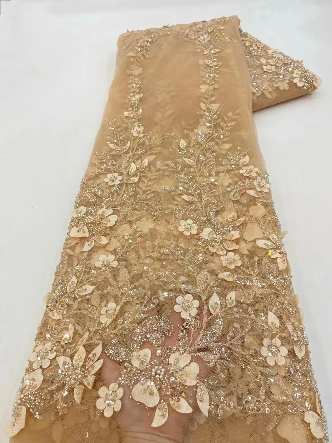 

5 Yards Luxury African Sequins Lace Fabric 2023 High Quality French Nigerian Beaded Lace Fabric For Sewing Dress Wedding QF0758