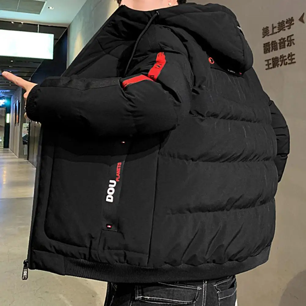 Stylish Men Hooded Jacket Slim Fit Temperament Ribbed Cuff Fluffy Filling Jacket  Thicken Men Hooded Coat for Office