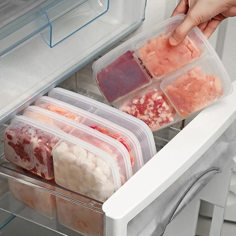 

4 Grids Food Fruit Storage Box Portable Compartment Refrigerator Freezer Organizers Sub-Packed Meat Onion Ginger Clear Crisper